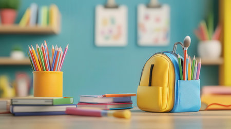 School bag with stationery on table in room. Back to school conceptの素材