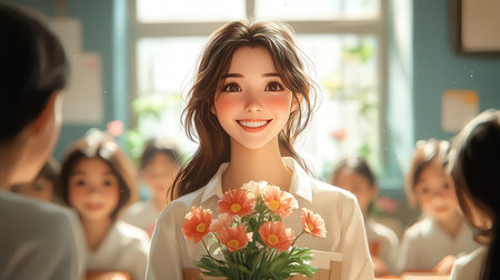 Smiling asian woman with flowers in school classroom, education conceptの素材