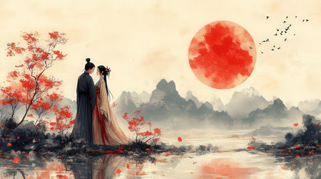 Chinese ink painting of a couple in love, with red moon.の素材