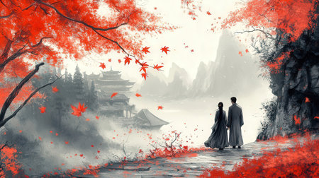 Chinese traditional landscape with pagoda, clouds and a couple of loversの素材