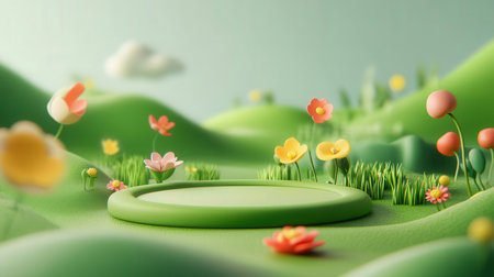 3d render of green podium on the grass and flowers background.の素材