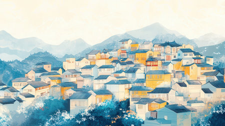 Digital watercolor painting of a village in the mountains. Colorful houses in the mountains.の素材