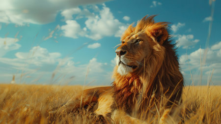 Lion lying on the grass and looking at the camera at sunset.の素材