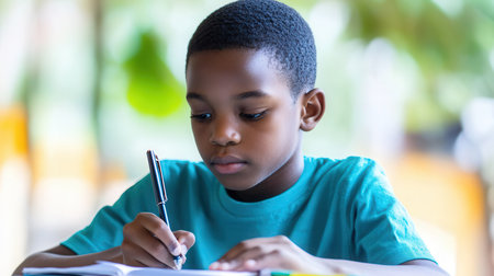 African american boy doing his homework at home. Education concept.の素材