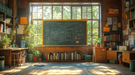 Interior of a school classroom with blackboard and books. 3d renderingの素材