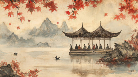Chinese pavilion on the lake in autumn, watercolor painting.の素材