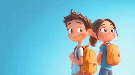 3D illustration of a boy and a girl with a backpack on a blue backgroundの素材