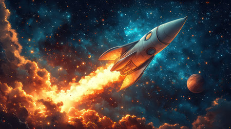 Space rocket flying in the space. 3D illustration. Elements of this image furnished by NASAの素材