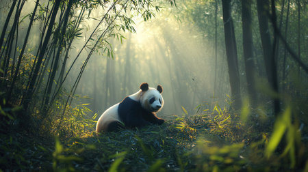 Panda in the bamboo forest in the morning, Chengdu, Chinaの素材