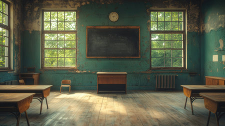 Classroom in an old abandoned school. 3D Rendering.の素材