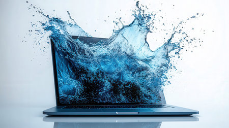 Laptop with blue water splash on white background. 3d renderingの素材