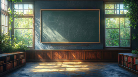Green chalkboard on blackboard in dark room with wooden furniture - 3d renderingの素材