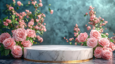 White marble podium and pink roses on blue background. 3d renderの素材