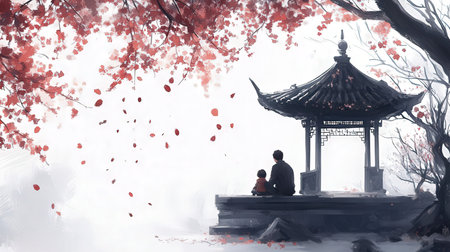 Chinese temple in a foggy landscape with red cherry blossom treesの素材