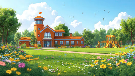 3d render of school building in the park with grass and flowersの素材