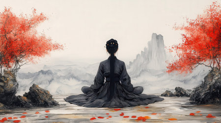 Beautiful asian woman in black kimono sitting on the rock with red poppiesの素材