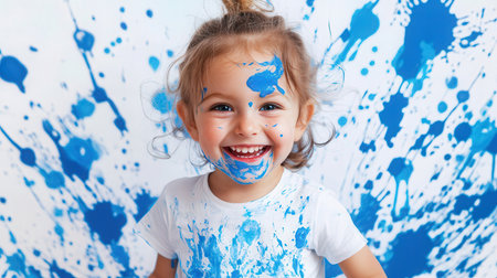 Portrait of a cheerful little girl with blue paint on her faceの素材