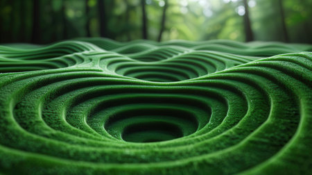 3d rendering of green grass spiral in the middle of the forestの素材
