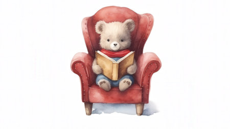 Cute teddy bear reading a book in a red armchairの素材