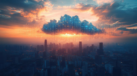 Cloud computing concept with cityscape at sunset. 3D Renderingの素材