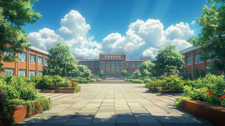 School building and blue sky with clouds, 3d rendering. Computer digital drawing.の素材