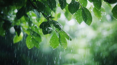 Rain drops on green leaves. Rain drops on green leaves in rainy day.の素材