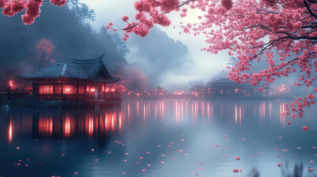 Cherry blossoms in a lake with Chinese temple in the backgroundの素材