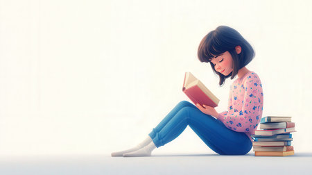 Young asian woman reading a book sitting on the floor over white backgroundの素材