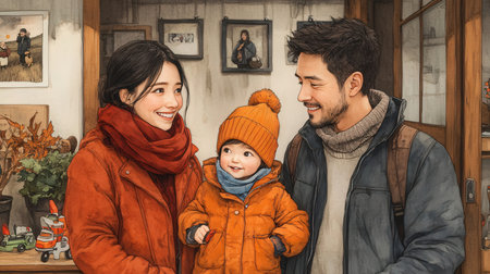 Happy asian family with child in winter clothing. Smiling and looking at camera.の素材