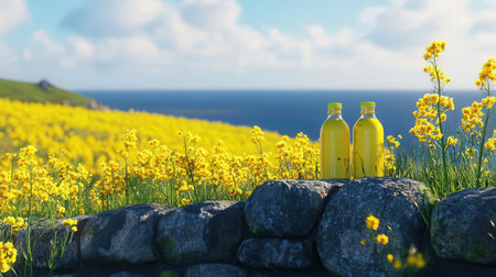 Two bottles of sunflower oil standing in a field of yellow flowersの素材