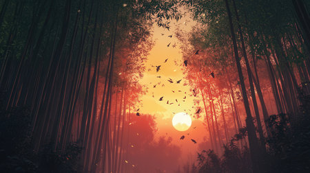 Bamboo forest at sunrise with birds flying in the sky. 3d renderingの素材