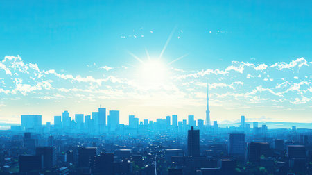 Panoramic view of the modern city with blue sky and sunlightの素材