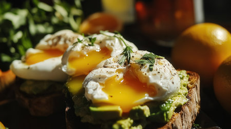 Delicious poached eggs with avocado on wooden table, closeupの素材