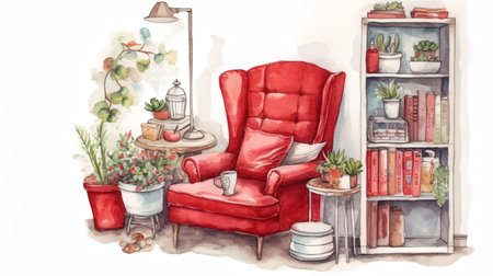 Living room with red armchair. Watercolor hand drawn illustration.の素材