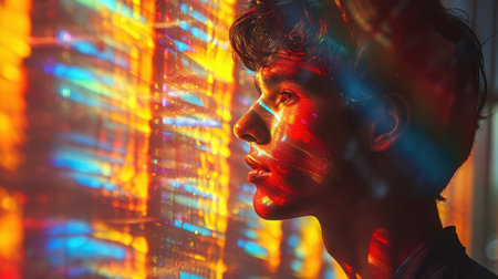 Portrait of a beautiful girl with bright make-up in neon lightの素材