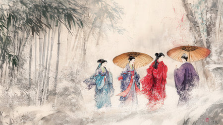 Illustration of Asian women in traditional clothes with umbrellas.の素材