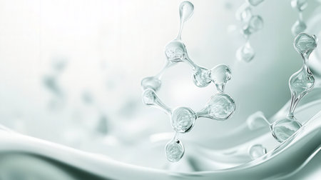 3d rendering of molecules in water with copy space on white backgroundの素材