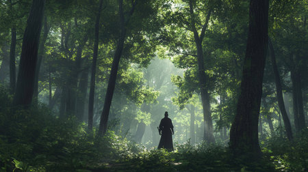 Walking in the forest. A man in a dark cloak walks through the woods.の素材