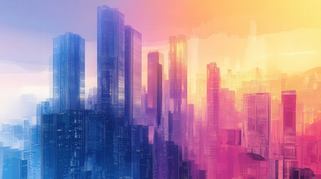 Modern cityscape with skyscrapers and sunlight. 3D Renderingの素材