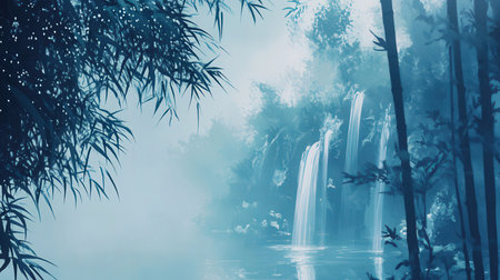Tropical forest with waterfall in the mist, natural landscape backgroundの素材