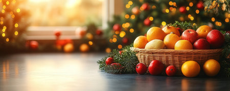 Christmas and New Year composition. Fruits in a basket on the background of a Christmas treeの素材