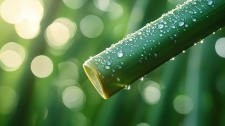 Water drops on bamboo stem with bokeh background, close upの素材