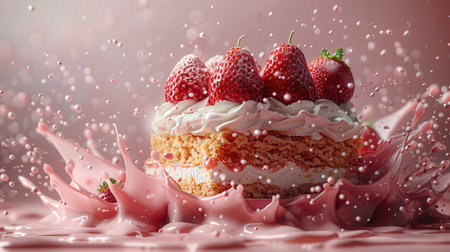 Strawberry cake with cream splash and drops of milk on pink backgroundの素材