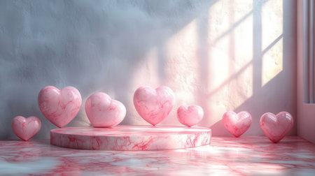 Valentine's day scene with red heartsle podium. 3d renderingの素材