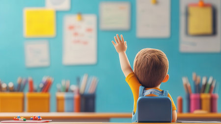 Back view of little boy sitting at table and raising his hand up in classroomの素材
