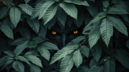 Monkey in the jungle, black and yellow eyes, green leavesの素材