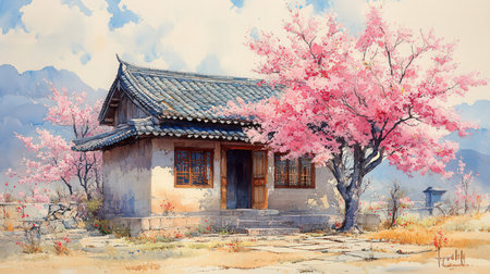 Chinese style house with cherry blossom tree in spring, watercolor paintingの素材