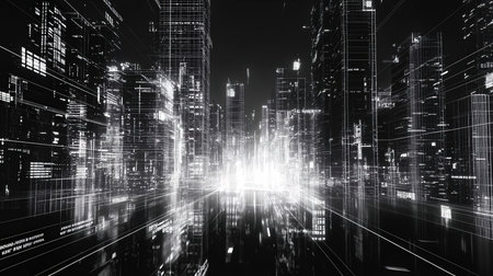 Abstract 3d rendering of wireframe cityscape. Skyscrapers and architecture conceptの素材