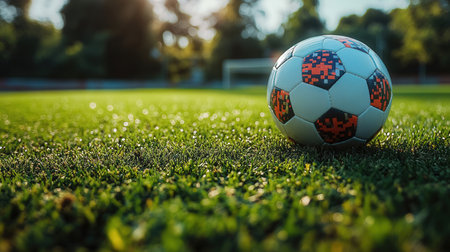 Soccer ball on the green grass of football field. Soccer ball on the green grass.の素材