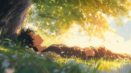 Young woman lying under a tree in the park and enjoying the sunの素材